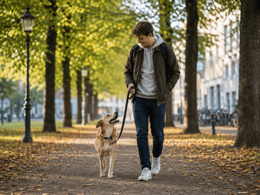 Student geht mit einem Hund in einem Park spazieren